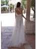 One Shoulder Ivory Lace Tulle Slit Open Back Wedding Dress